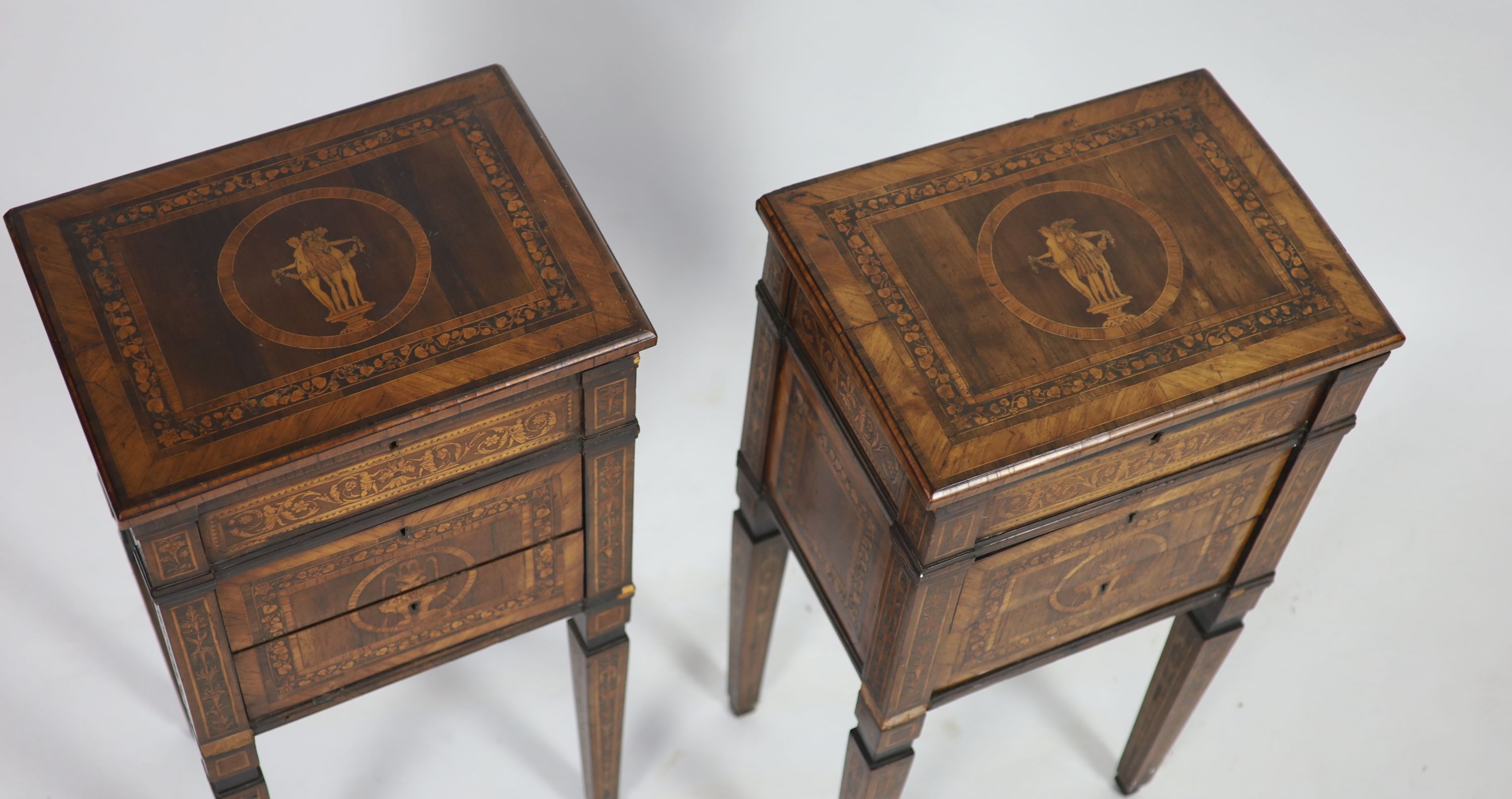 A pair of 18th century Italian Milanese walnut and marquetry neo-classical 'Comodini' in the manner of Giuseppe Maggiolini, W 41cm D 31cm H 81cm